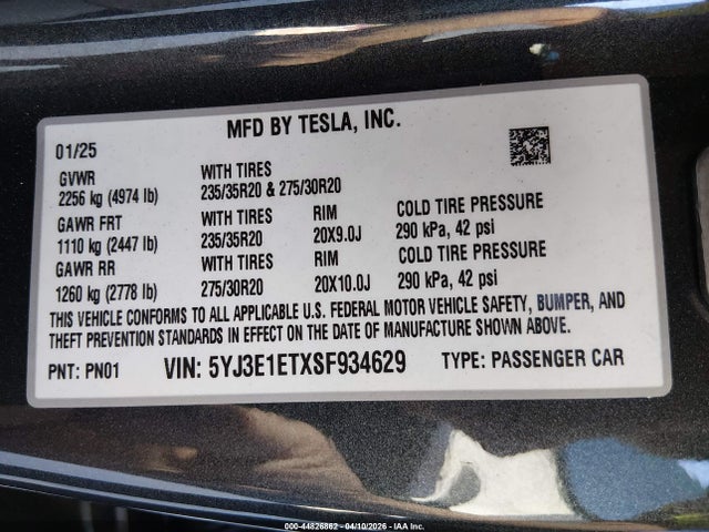 5YJ3E1ETXSF934629 Tesla Model 3 Performance All-wheel Drive