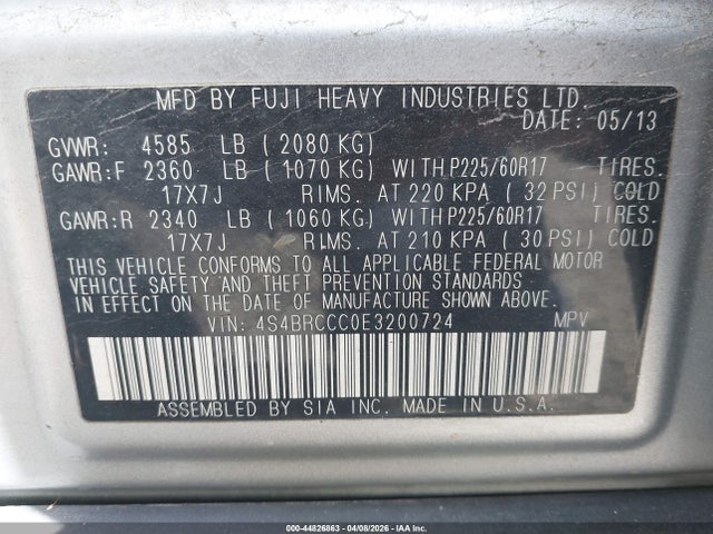 Продажа на аукционе авто 2014 Subaru Outback 2.5i Premium, vin: 4S4BRCCC0E3200724, номер лота: 44826863