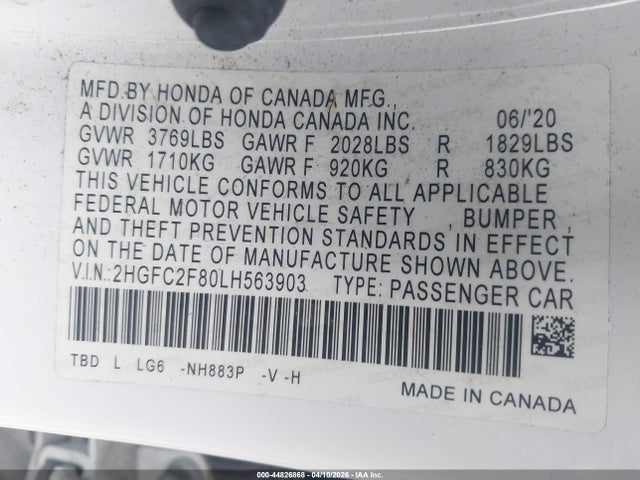Продаж на аукціоні авто 2020 Honda Civic Sport, vin: 2HGFC2F80LH563903, номер лоту: 44826868