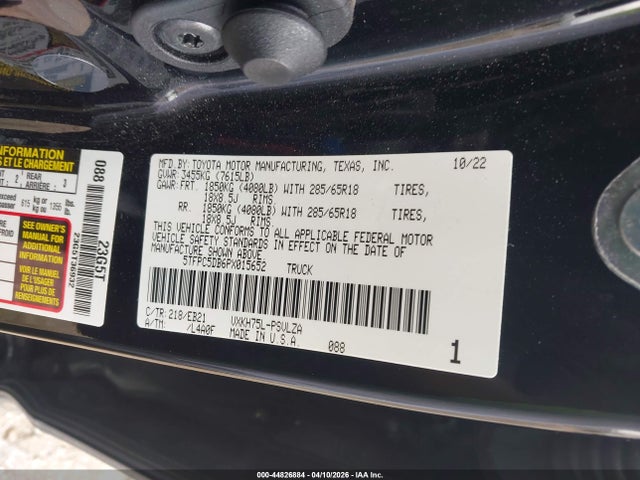 2023 Toyota Tundra Hybrid Trd Pro მანქანა იყიდება აუქციონზე, vin: 5TFPC5DB6PX015652, აუქციონის ნომერი: 44826884