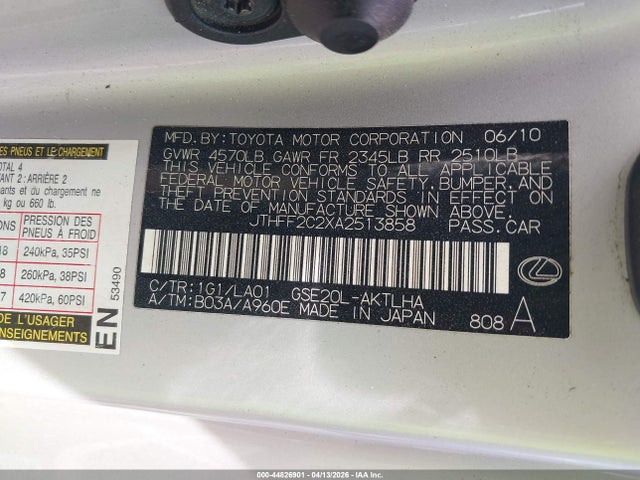 2010 Lexus Is 250c მანქანა იყიდება აუქციონზე, vin: JTHFF2C2XA2513858, აუქციონის ნომერი: 44826901