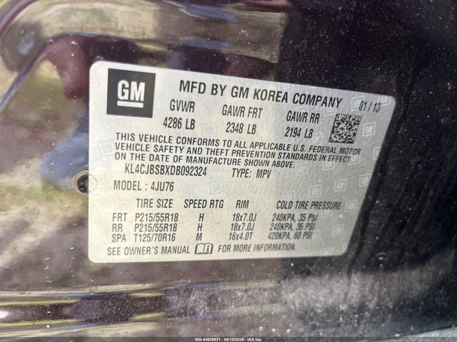 44826931 :رقم المزاد ، KL4CJBSBXDB092324 vin ، 2013 Buick Encore Convenience مزاد بيع