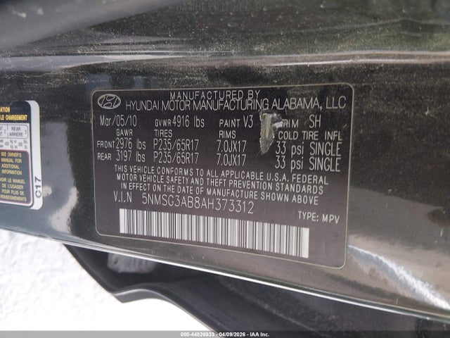 Aukcja sprzedaży 2010 Hyundai Santa Fe Gls, vin: 5NMSG3AB8AH373312, numer aukcji: 44826933