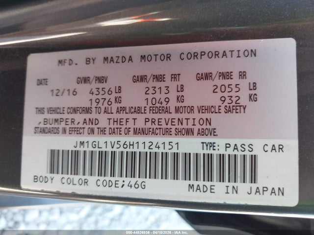 Продажа на аукционе авто 2017 Mazda Mazda6 Touring, vin: JM1GL1V56H1124151, номер лота: 44826936