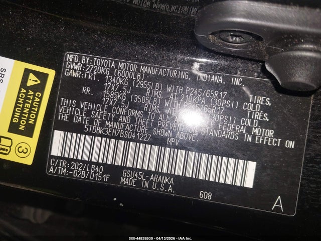 Aukcja sprzedaży 2011 Toyota Highlander Se V6, vin: 5TDBK3EH7BS041227, numer aukcji: 44826939