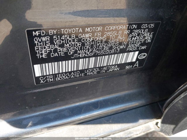 44826940 :رقم المزاد ، JTHBN36F755020813 vin ، 2005 Lexus Ls 430 مزاد بيع