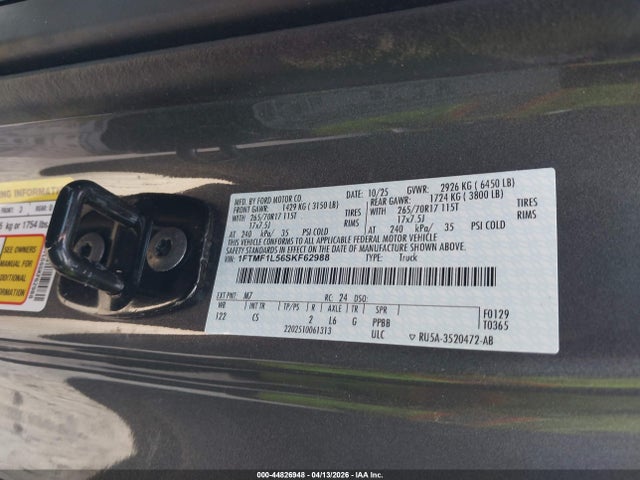 44826948 :رقم المزاد ، 1FTMF1L56SKF62988 vin ، 2025 Ford F-150 Xl مزاد بيع