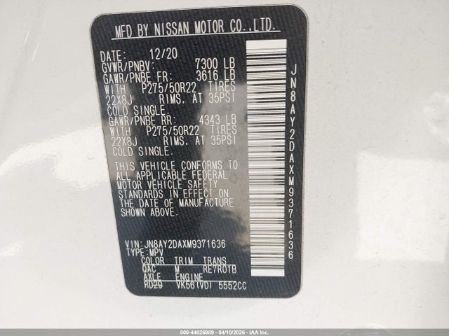Aukcja sprzedaży 2021 Nissan Armada Platinum 2wd, vin: JN8AY2DAXM9371636, numer aukcji: 44826989