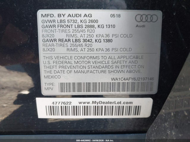 Продажа на аукционе авто 2018 Audi Sq5 3.0t Premium Plus, vin: WA1C4AFY6J2197146, номер лота: 44826992