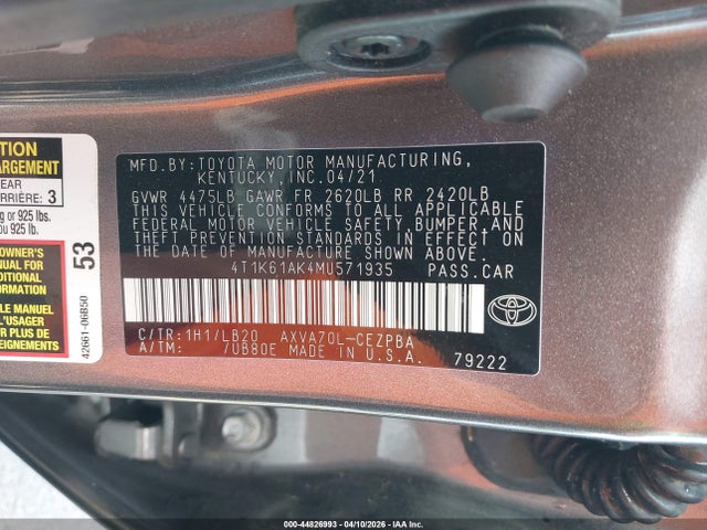 Aukcja sprzedaży 2021 Toyota Camry Xse, vin: 4T1K61AK4MU571935, numer aukcji: 44826993