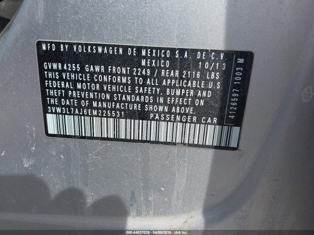 44827026 :رقم المزاد ، 3VW3L7AJ6EM225531 vin ، 2014 Volkswagen Jetta 2.0l Tdi مزاد بيع