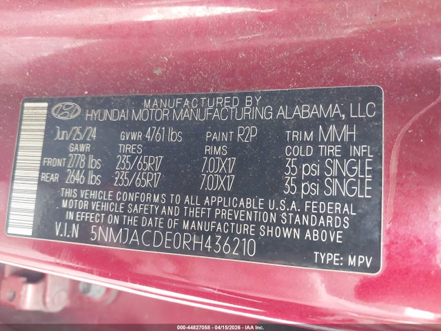 Aukcja sprzedaży 2024 Hyundai Tucson Se, vin: 5NMJACDE0RH436210, numer aukcji: 44827058