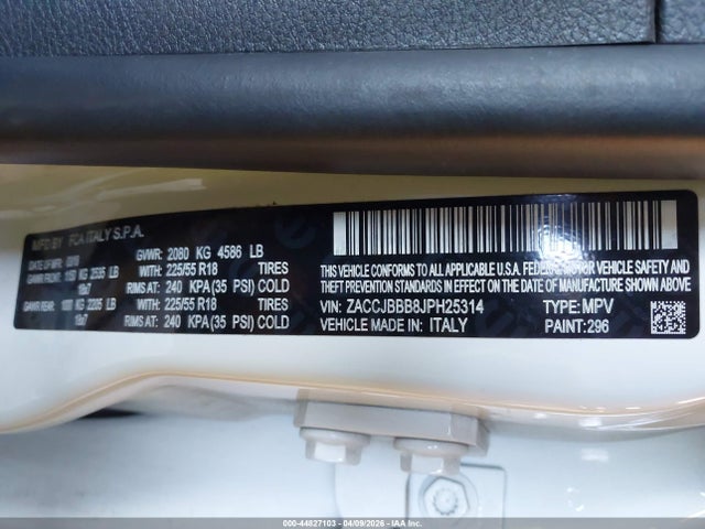 Aukcja sprzedaży 2018 Jeep Renegade Latitude 4x4, vin: ZACCJBBB8JPH25314, numer aukcji: 44827103