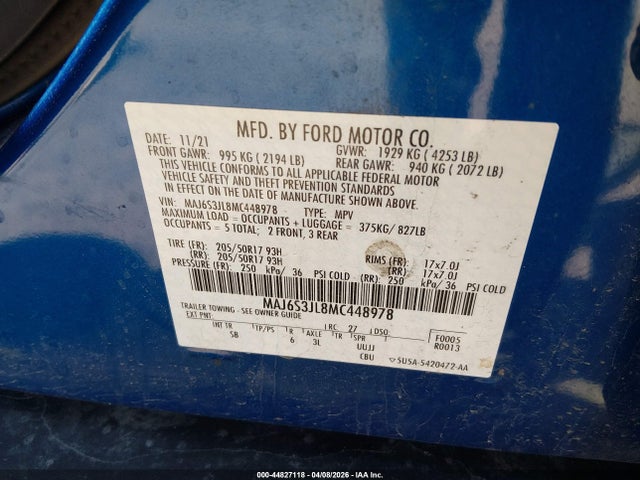 Aukcja sprzedaży 2021 Ford Ecosport Ses, vin: MAJ6S3JL8MC448978, numer aukcji: 44827118