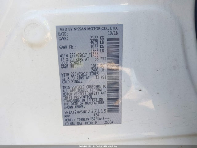 Продаж на аукціоні авто 2017 Nissan Rogue Sv, vin: 5N1AT2MV3HC737115, номер лоту: 44827119