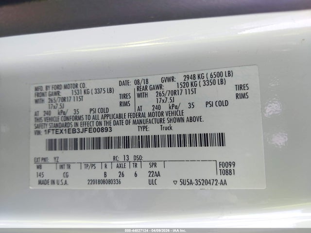 44827124 :رقم المزاد ، 1FTEX1EB3JFE00893 vin ، 2018 Ford F-150 Xl مزاد بيع