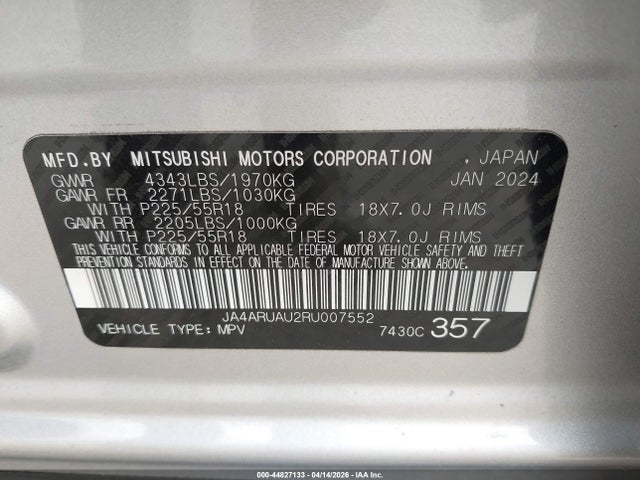 Продажа на аукционе авто 2024 Mitsubishi Outlander Sport, vin: JA4ARUAU2RU007552, номер лота: 44827133