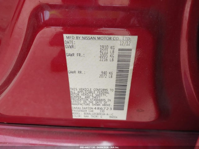 Продажа на аукционе авто 2013 Nissan Altima 2.5 Sv, vin: 1N4AL3AP2DN486723, номер лота: 44827138