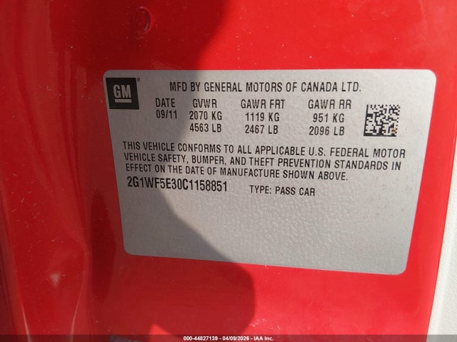 44827139 :رقم المزاد ، 2G1WF5E30C1158851 vin ، 2012 Chevrolet Impala Ls مزاد بيع
