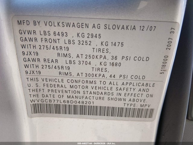 2008 Volkswagen Touareg 2 V8 Fsi მანქანა იყიდება აუქციონზე, vin: WVGCB77L68D048201, აუქციონის ნომერი: 44827144