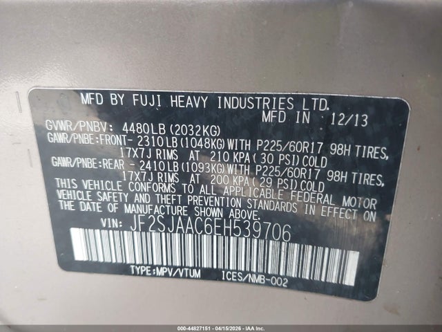 Продажа на аукционе авто 2014 Subaru Forester 2.5i, vin: JF2SJAAC6EH539706, номер лота: 44827151
