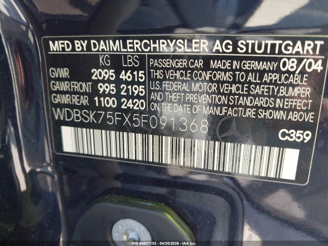 Aukcja sprzedaży 2005 Mercedes-benz Sl 500, vin: WDBSK75FX5F091368, numer aukcji: 44827153