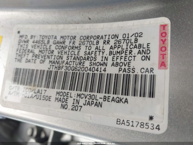 Aukcja sprzedaży 2002 Lexus Es 300, vin: JTHBF30G620040414, numer aukcji: 44827162