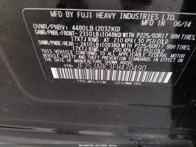 Aukcja sprzedaży 2015 Subaru Forester 2.5i, vin: JF2SJABC3FH470490, numer aukcji: 44827164