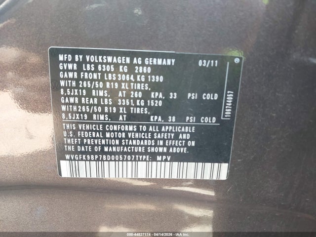 Продаж на аукціоні авто 2011 Volkswagen Touareg Tdi Lux, vin: WVGFK9BP7BD005707, номер лоту: 44827174