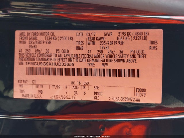 Ford ESCAPE SE 2017 1FMCU9G9XHUD33655 Image 9