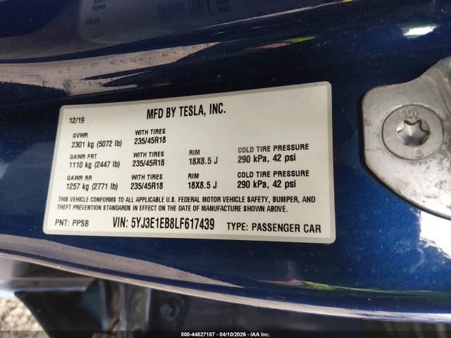 Продажа на аукционе авто 2020 Tesla Model 3 Long Range Dual Motor All-wheel Drive, vin: 5YJ3E1EB8LF617439, номер лота: 44827187