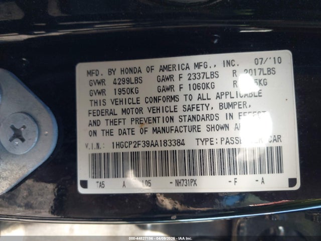 44827196 :رقم المزاد ، 1HGCP2F39AA183384 vin ، 2010 Honda Accord 2.4 Lx مزاد بيع