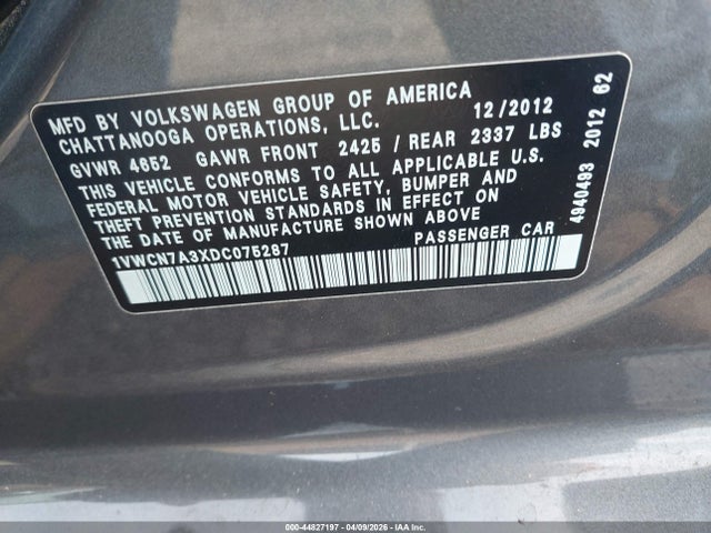 Продажа на аукционе авто 2013 Volkswagen Passat 2.0l Tdi Sel Premium, vin: 1VWCN7A3XDC075287, номер лота: 44827197