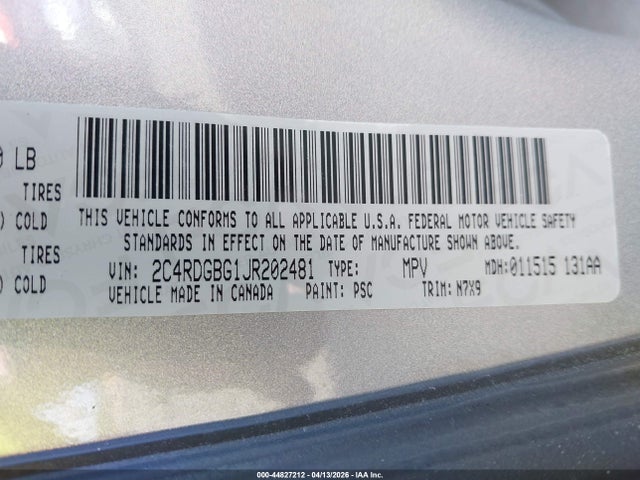 2018 Dodge Grand Caravan Se Plus მანქანა იყიდება აუქციონზე, vin: 2C4RDGBG1JR202481, აუქციონის ნომერი: 44827212