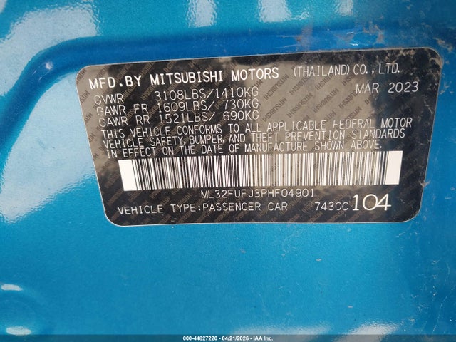 Продаж на аукціоні авто 2023 Mitsubishi Mirage G4 Es, vin: ML32FUFJ3PHF04901, номер лоту: 44827220