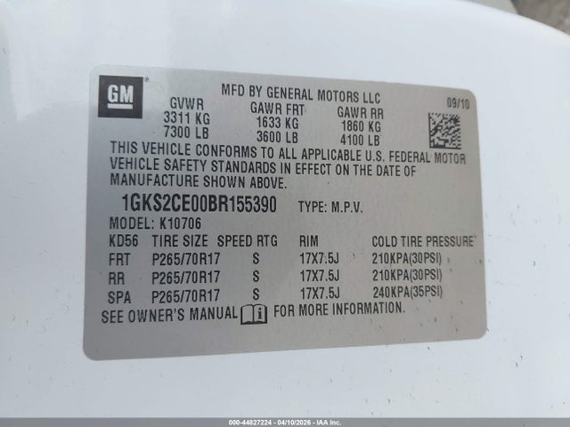 44827224 :رقم المزاد ، 1GKS2CE00BR155390 vin ، 2011 Gmc Yukon Slt مزاد بيع