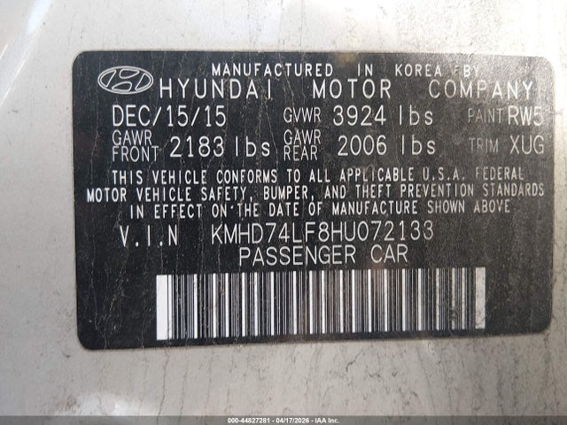 Продажа на аукционе авто 2017 Hyundai Elantra Se, vin: KMHD74LF8HU072133, номер лота: 44827281