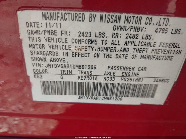 Продажа на аукционе авто 2012 Infiniti G25x, vin: JN1DV6AR1CM861206, номер лота: 44827307