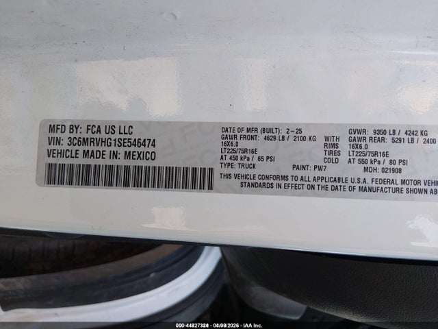 Продажа на аукционе авто 2025 Ram Promaster 3500 Tradesman High Roof 159 Wb W/pass Seat, vin: 3C6MRVHG1SE546474, номер лота: 44827324