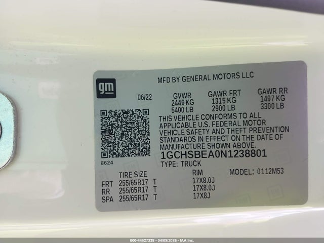 44827338 :رقم المزاد ، 1GCHSBEA0N1238801 vin ، 2022 Chevrolet Colorado 2wd  Long Box Wt مزاد بيع