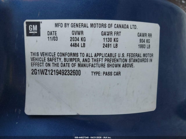 2004 Chevrolet Monte Carlo Supercharged Ss მანქანა იყიდება აუქციონზე, vin: 2G1WZ121949232600, აუქციონის ნომერი: 44827340
