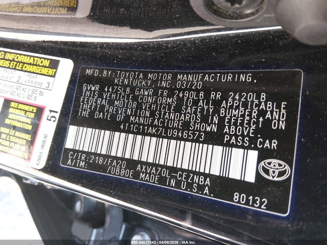 Продажа на аукционе авто 2020 Toyota Camry Le, vin: 4T1C11AK7LU946573, номер лота: 44827343