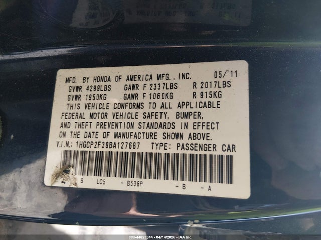 44827344 :رقم المزاد ، 1HGCP2F34BA024998 vin ، 2011 Honda Accord 2.4 Lx مزاد بيع