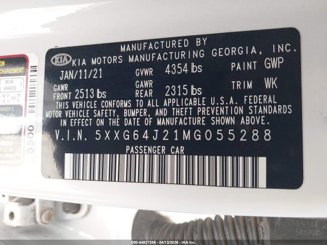 Aukcja sprzedaży 2021 Kia K5 Gt-line, vin: 5XXG64J21MG055288, numer aukcji: 44827356