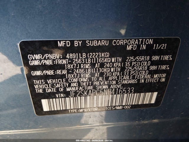 44827362 :رقم المزاد ، JF2SKAPC5NH416533 vin ، 2022 Subaru Forester Limited مزاد بيع