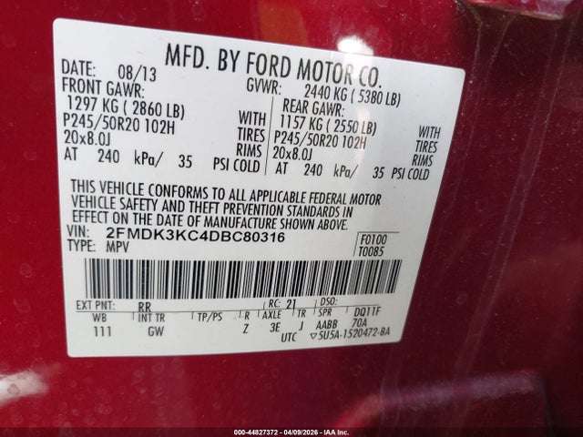 44827372 :رقم المزاد ، 2FMDK3KC4DBC80316 vin ، 2013 Ford Edge Limited مزاد بيع