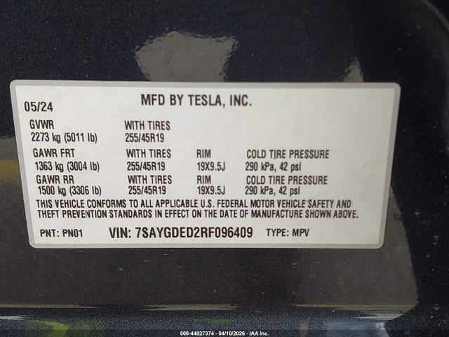 44827374 :رقم المزاد ، 7SAYGDED2RF096409 vin ، 2024 Tesla Model Y Long Range Single Motor Rear-wheel Drive/rwd مزاد بيع