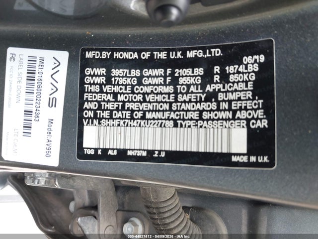 Aukcja sprzedaży 2019 Honda Civic Sport, vin: SHHFK7H47KU227788, numer aukcji: 44827412