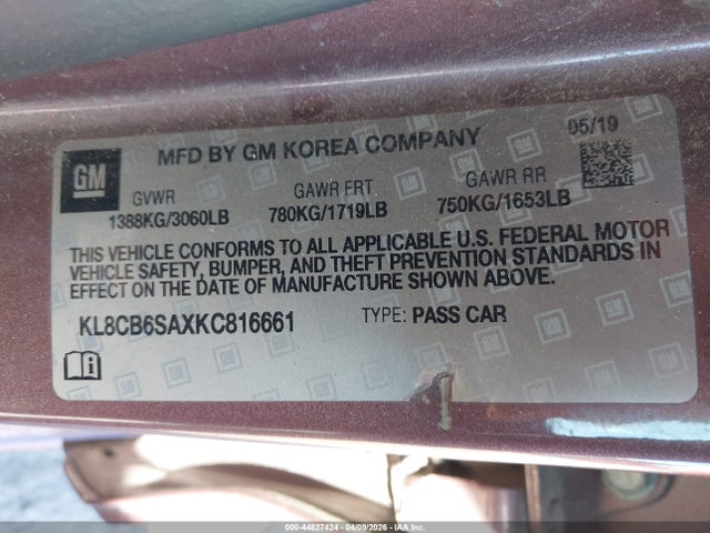 44827424 :رقم المزاد ، KL8CB6SAXKC816661 vin ، 2019 Chevrolet Spark Ls Cvt مزاد بيع