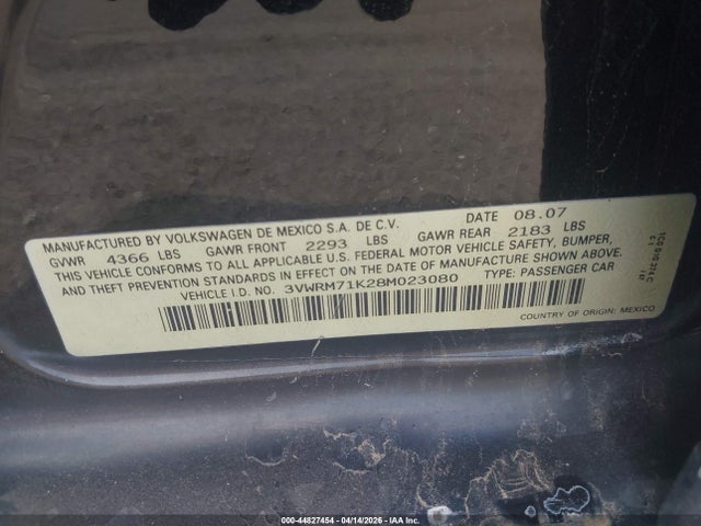 Aukcja sprzedaży 2008 Volkswagen Jetta Se/sel, vin: 3VWRM71K28M023080, numer aukcji: 44827454